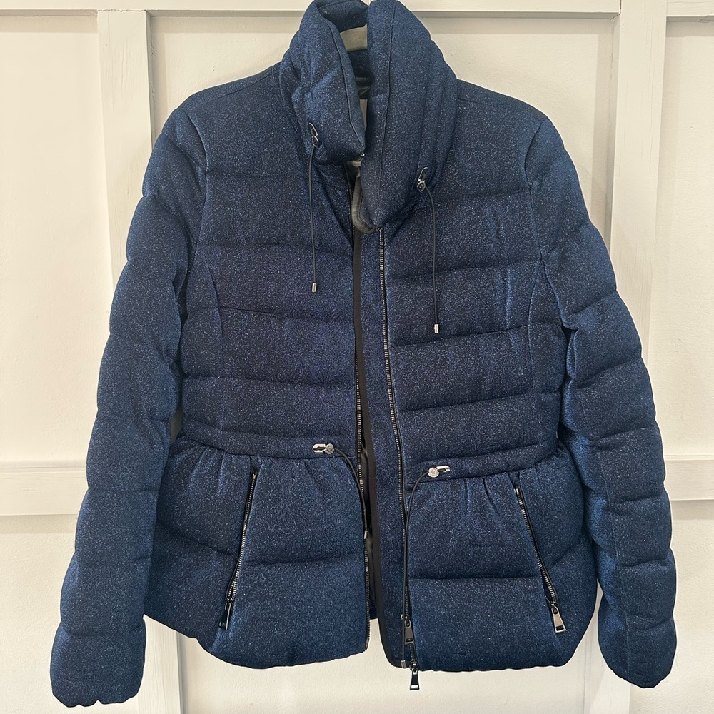 Metallic shimmer blue navy shiny sparkle Moncler Marquer down jacket 3